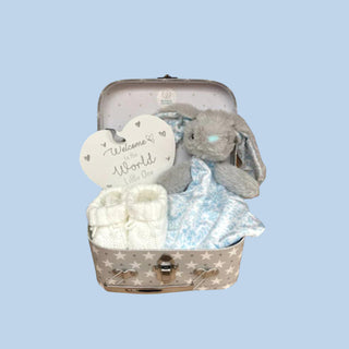 Baby Boy Hamper Gift Set - Blue Bunny, White Booties - BLOSSOM & MOON